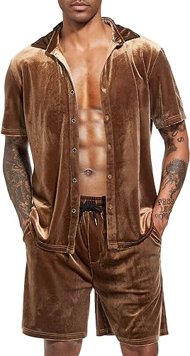LecGee Men Summer Casual Short Sets Velvet Short Sleeve Button Down Shirt Elastic Waist Shorts 2 Piece Outfits Tracksuit