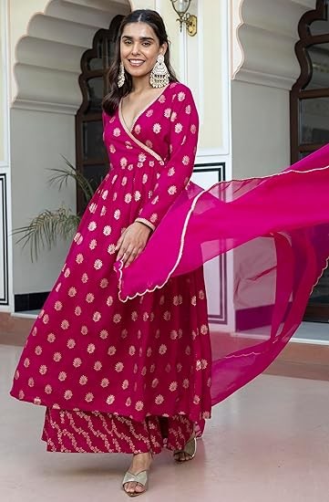 Janasya Women's Pink Brocade Woven Design Kurta with Palazzo and Dupatta