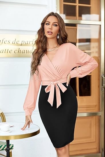 GRACE KARIN Women's Work Pencil Dress Wedding Guest Office Dresses Cocktail Party Long Sleeve