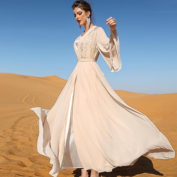 PolyJolly Embroidery Jalabiya Chiffon Abaya Dress for Women Dubai Sadui Muslim Eid Clothes with Headwrap