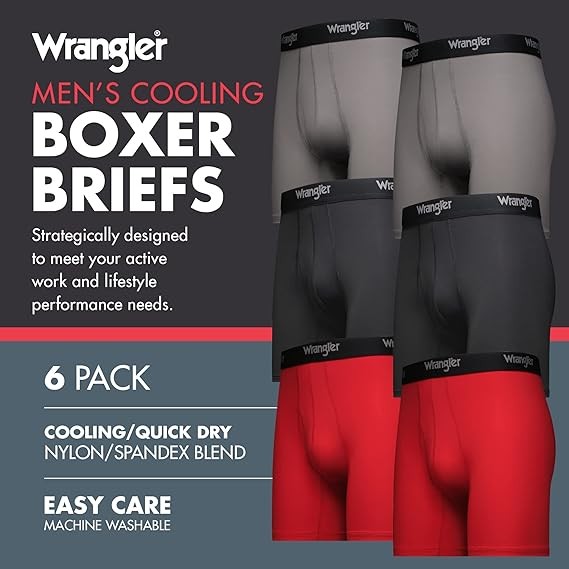 Wrangler - Mens Cooling Boxer Briefs- Mens Boxer Brief Underwear 6" Inseam for Men Pack of 6