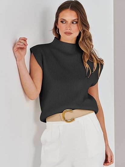 ANRABESS Women's Mock Neck Sleeveless Sweater Vest Casual Solid Cap Sleeve Knit Pullover Tank Tops 2024 Spring Clothes