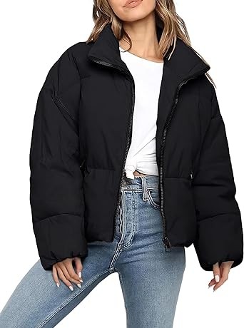 Polu Women's Winter Cropped Puffer Jacket Oversized Long Sleeve Full Zip Puffy Coat Warm Quilted Jacket with Pockets