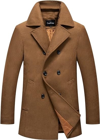 chouyatou Men's Classic Notched Collar Double Breasted Wool Blend Pea Coat