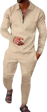 Men's 2 Piece Tracksuit Set-Casual Long Sleeve Sweatsuit Quarter Zip Polo Print Shirt Athletic Jogging Outfits for Men