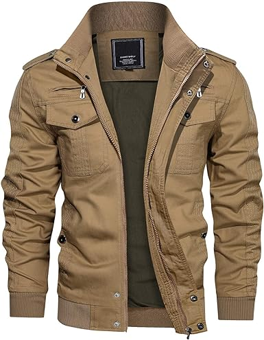 CRYSULLY Men's Spring Fall Casual Windbreaker Jacket Cargo Stand Collar Military Bomber Jackets Coat