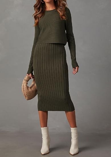 Ezbelle Women's Long Sleeve Sweater Dresses 2 Piece Outfits Sets Ribbed Knit Crop Tops and Tank Bodycon Midi Dress