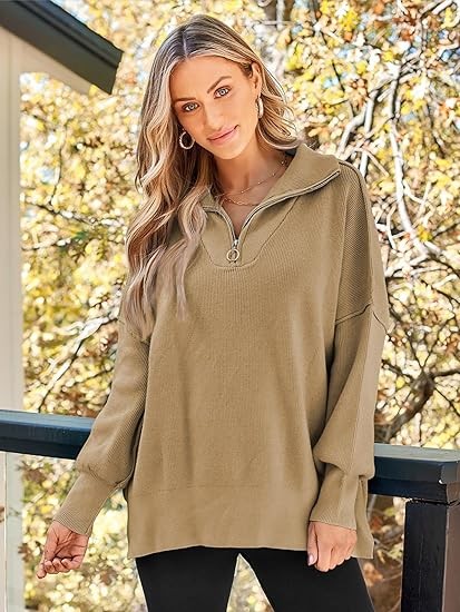LILLUSORY Women's Oversized Sweaters 2023 Fall Zipper Collared Drop Shoulder Tunic Pullover Split Hem Knit Sweater Tops