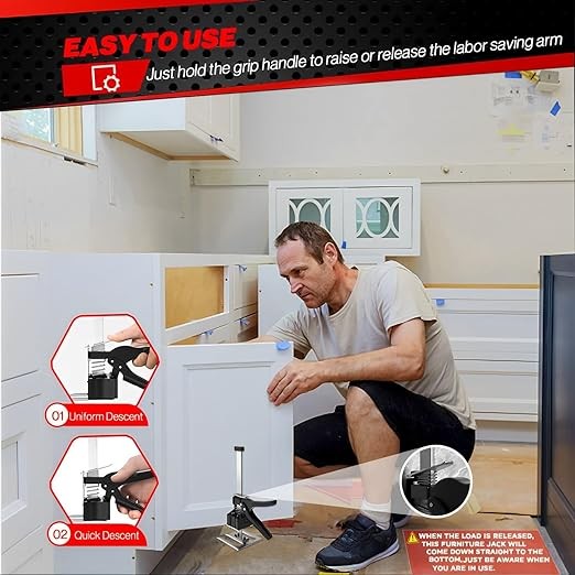Juprodis 2 Pack Labor Saving Arm Jack, 220 LB Heavy Duty Furniture Lifter, 6.5 Inch Adjustable Height Drywall Lift, Utility Cabinet Jacks for Installing Cabinets, Doors, DYI Home Improvement, Black