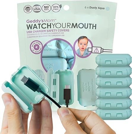 Geddy's Mom - Watch Your Mouth - The Award Winning USB Charger Child Safety Cover - Made in The USA - Baby Proofing Toddler Shock Prevention - 6 Pack (Dusty Aqua)