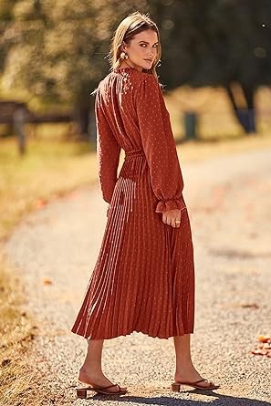 PRETTYGARDEN Women's 2023 Fall Midi Dress Casual Long Sleeve V Neck Swiss Dot Pleated A Line Flowy Dresses