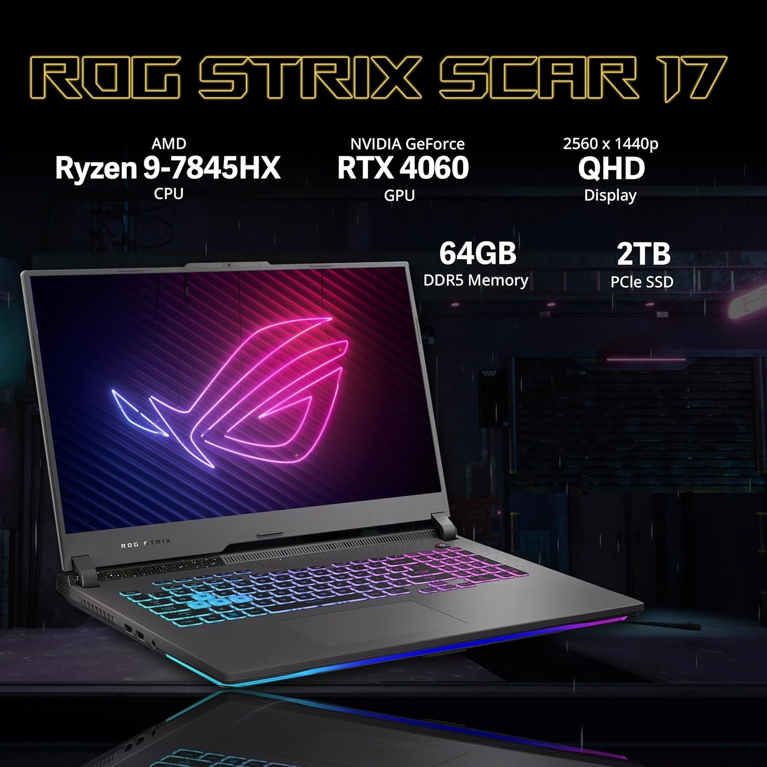 ASUS ROG Strix G17 Gaming Laptop, 17.3" QHD 240Hz Display, AMD Ryzen 9 7845HX, GeForce RTX 4060, 64GB DDR5 RAM, 2TB PCIe SSD, RGB Backlit Keyboard, Win 11 Pro, Gray, 32GB Hotface USB Card