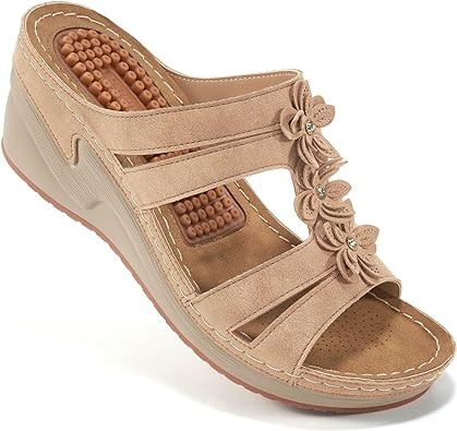 HARENCE Women's Slide Sandals Summer Wedge Shoes with Cushion FootBed Comfortable Walk Platform Sandal Flower Open Toe Slides Sandals