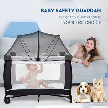Beberoad Love Pack and Play Cover Playpen Mosquito Net Cover to Keep Cats Out Breathable Net Cover with 2-Way Zipper (Black)