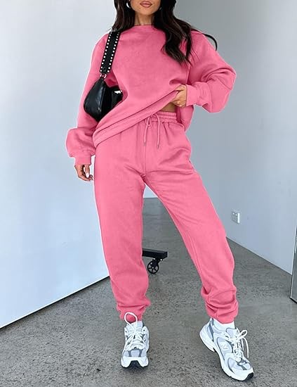 FUPHINE Women's 2 Piece Oversized Warm Outfits Crew Neck/Hooded Sweatshirts Jogger Pants/Shorts Set