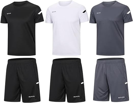BUYJYA Men's Workout Clothes Athletic Shorts Shirt Set 3 Pack for Basketball Football Exercise Training Running Gym