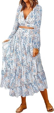Dokotoo Women's Boho Dress Deep V Neck 2 Piece Outfits Long Puff Sleeve Skirt Sets Tie Waist Wrap Chiffon Flowy Maxi Dresses