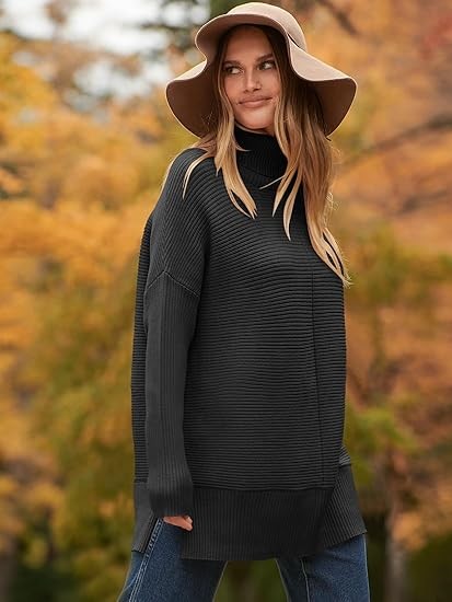 ANRABESS Womens 2023 Trendy Sweaters Oversized Turtleneck Long Batwing Sleeve Split Hem Pullover Knit Sweater Tops