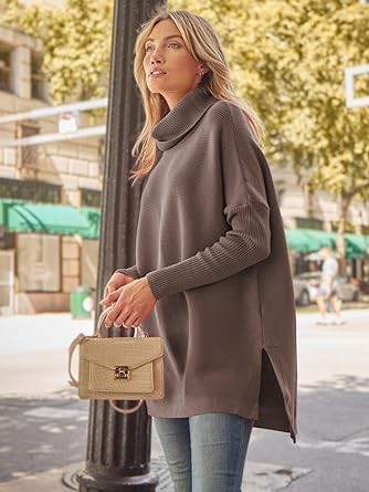 LILLUSORY Women's Turtleneck Oversized Sweaters 2023 Fall Long Batwing Sleeve Spilt Hem Tunic Pullover Sweater Knit Tops