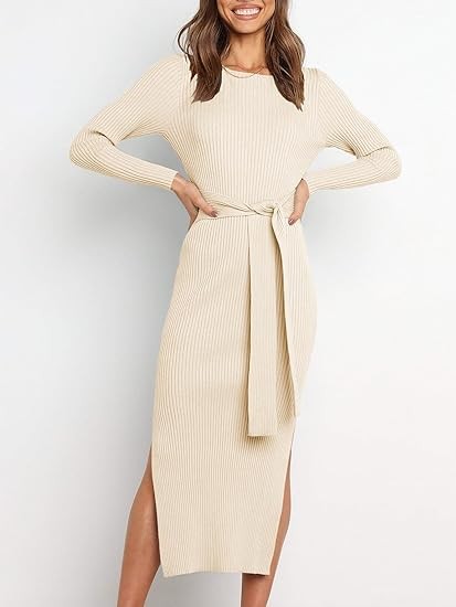 ANRABESS Women's 2023 Fall Elegant Sweater Dress Long Sleeve Crewneck Tie Waist Slim Rib Knit Slit Bodycon Midi Dress