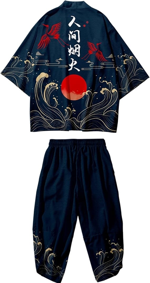 DOSLAVIDA Men's Japanese Kimono Jacket Set Stylish Open Front Coat With Shorts Chinese Style Printed Cardigan Suits