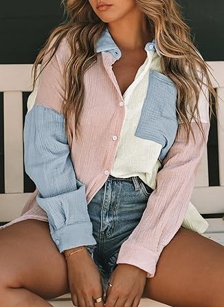 Eytino Womens Plus Size Button Down Shirts Color Block Long Sleeve Oversized Blouses Tops(1X-5X)