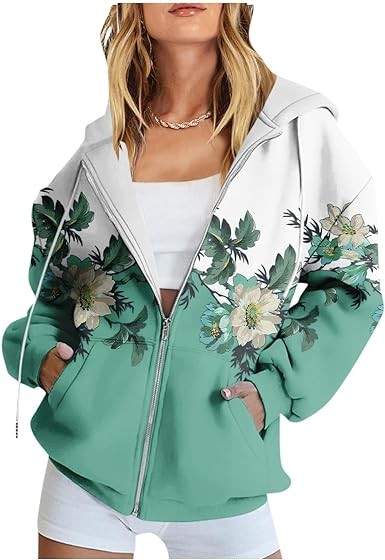 Women's Fashion Hoodies,Women's Long Sleeve Floral Print Sweatshirt Pocket Jacket 2023 Trendy Printed Jacket For Women