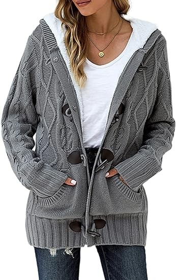 Dokotoo Womens 2023 Winter Hooded Cardigans Button Up Cable Knit Sweater Coat Outerwear with Pockets