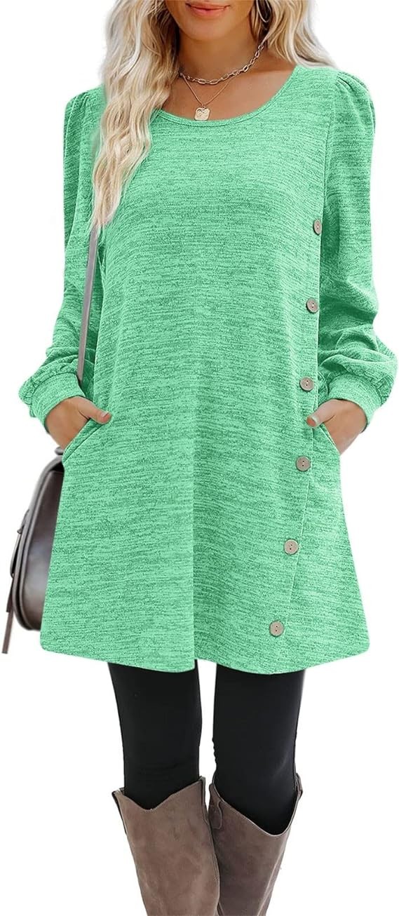 AMXYFBK Women's Spring Winter Dresses Long Sleeve Dress Knee Length Button Side Round Neck Midi Dress with Pocket