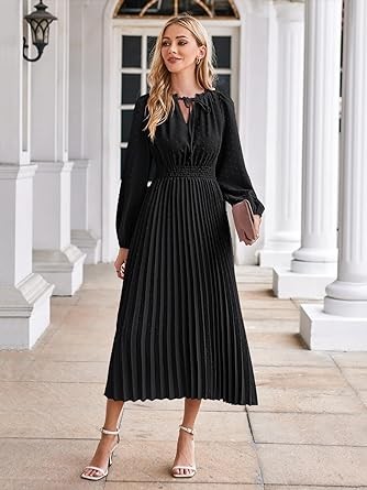 MEROKEETY Women's 2023 Long Puff Sleeve Tie V Neck Dress Pleated Swiss Dot A Line Maxi Dresses