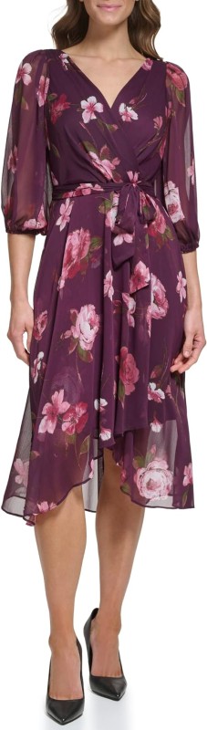 DKNY Women's Chiffon 3/4 Sleeve Faux Wrap Dress