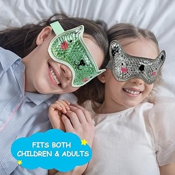 CONBELLA 2PCS Kids Hot Cold Gel Eye Mask with Soft Plush Backing,Pain Relief for Children Boo Boos, Fever, Sinus, Headache,Animal Designed Wrap for Head, Eyes, Elbow, Wrist, Ankle (2pcs Grey+Green)