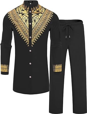 ZSJR Mens African 2 Piece Set Metallic Traditional Suit Gold Stamp Printed African Dashiki Shirt and Pants Outfit