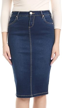 ESTEEZ Comfy Knee Length Stretch Denim Pencil Skirt with Pockets for Women - Miami