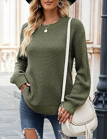 MEROKEETY Women's 2023 Fall Casual Fall Waffle Knit Sweater Long Balloon Sleeve Loose Pullover Jumper