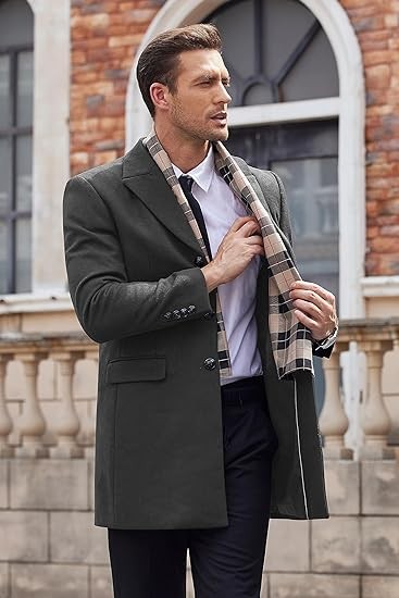 COOFANDY Men's Wool Blend Coat with Detachable Plaid Scarfs Notched Collar Single Breasted Pea Coat Trench Overcoat