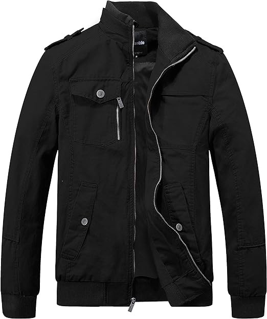 Wantdo Men's Military Jacket Casual Bomber Jacket Stand Collar Canvas Jacket Windbreaker