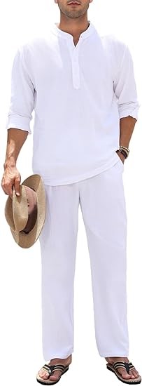 HANXMEN Men's 2 Pieces Cotton Linen Sets Henley Shirt Long Sleeve Beach Outfits and Casual Pants Suit with Pockets Summer