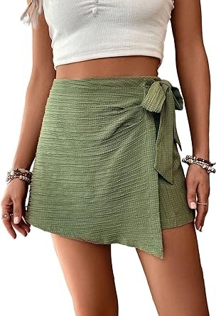 WDIRARA Women's Mini Wrap Shorts Knot High Waist Belted Skorts Zipper Casual Loose Skirt