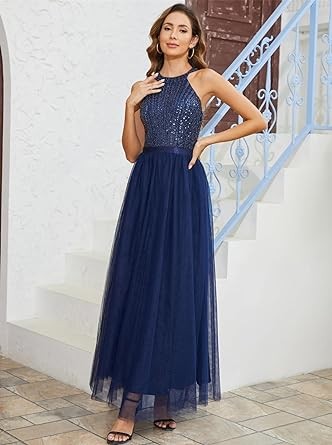Tidinesslife 2023 Halter Sequin Dress for Women Sexy Glitter Beaded Tulle Long Wedding Cocktail Party Dresses