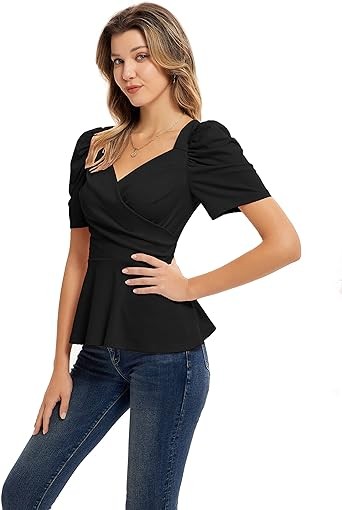 GRACE KARIN Women Wrap Tops Puff Sleeve Peplum Top Elegant V Neck Summer Tops Fitted Blouse