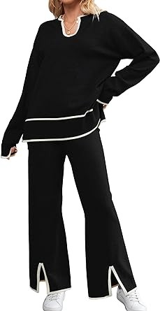 SuperPrity Women Sweater Sets 2 Piece Outfits Notch Neck Long Sleeve Knit Pullover Tops Wide Leg Lounge Set
