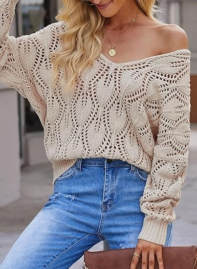 Dokotoo Fall Sweaters Round Neck Crochet Hollow Out Cute Winter Pullover Sweaters for Women Trendy 2023