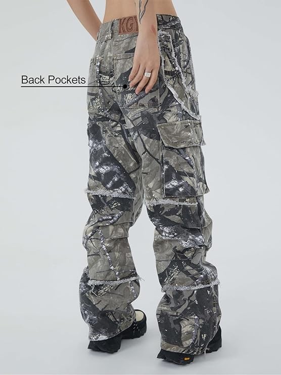 KGYA Unisex Camo Cargo Pants, Multi Pockets Raw Edge Oversized Straight Zipper Wide Legs Streetwear for Hip Hop Men Women