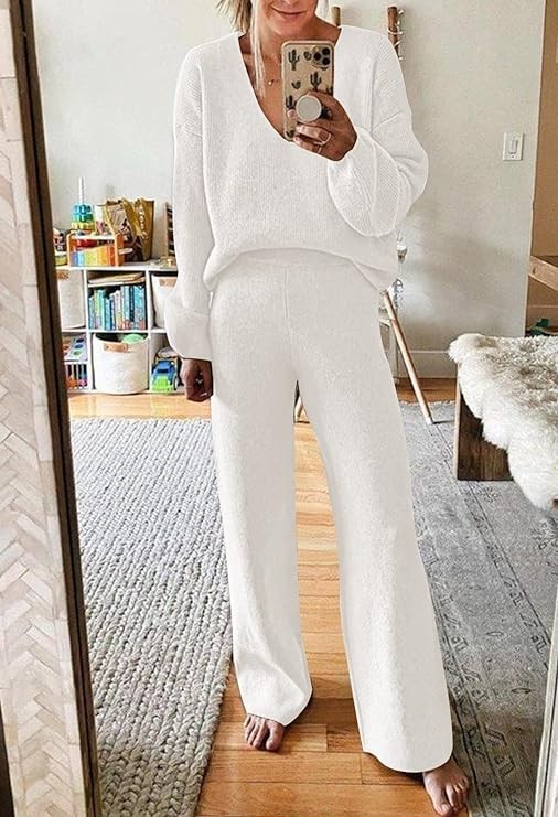 AOHITE Womens Knit Sweater Pajamas Set V-neck Pullover Tops Wide Leg Pants Sleepwear Loungewear Outfits