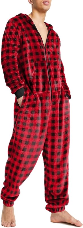 Ekouaer Men One Piece Pajama Christmas Fleece Onesie Pajama Zipper Jumpsuit with Pockets S-XXL