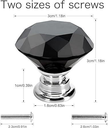 Akstore 6 Pcs Crystal Glass Cabinet Knobs 30mm Diamond Shape Drawer Kitchen Cabinets Dresser Cupboard Wardrobe Pulls Handles (30mm, Black)