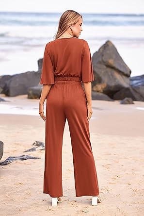 PRETTYGARDEN 2 Piece Outfits For Women 2023 Summer Short Sleeve Wrap V Neck Crop Tops Wide Leg Pants Set