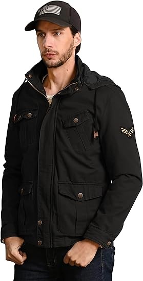 WenVen Men's Casual Canvas Cotton Jacket Hooded Military Utility Jacket