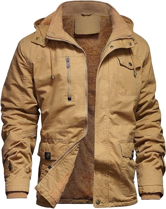 LEPOAR Men's Winter Jacket Military Jacket Fleece Lined Warm Cargo Jackets Removable Hood Cotton Work Coat